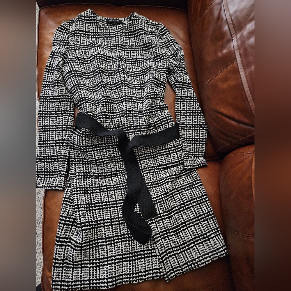 St John Black/Ecru Wool Blend Open Front Duster Jacket Sz 2 Wool $1895 Nwot New